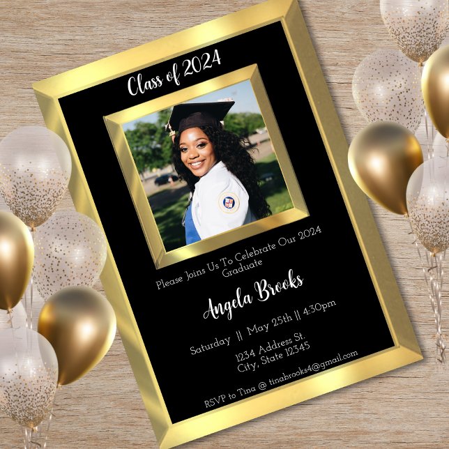 Invitation Black & Gold Beveled Photo Graduation Party (Black & Gold Beveled Photo Graduation Party Invitation)