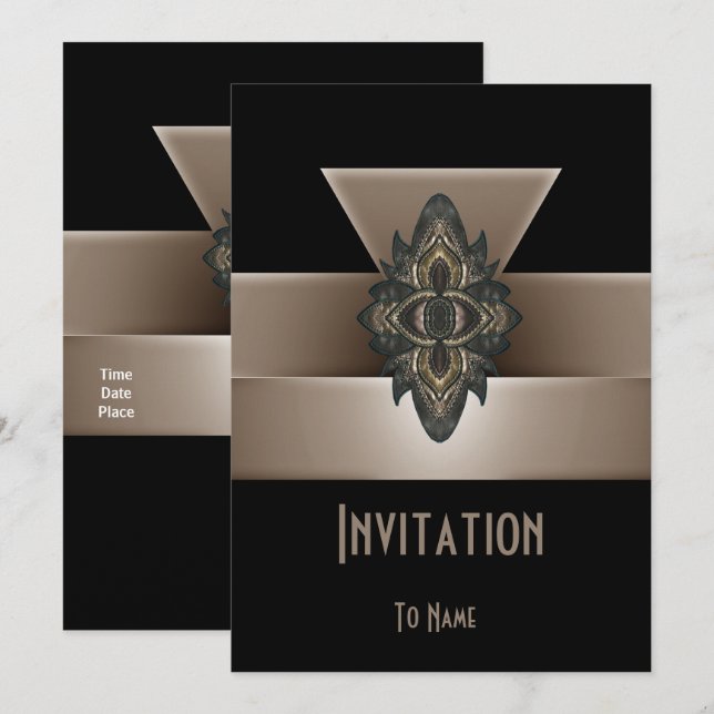 Invitation Black Gold Biege Art Déco 5" x 7" (Devant / Derrière)