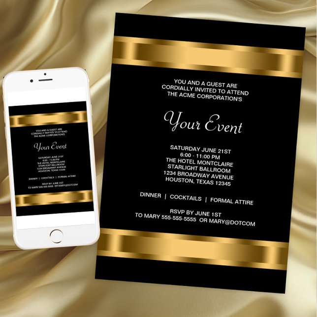 Invitation Black Gold Black Corporate Party (Black and gold corporate event invitation with beautiful gold bands. For Instant download and print.)