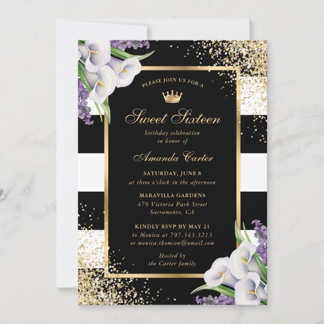 Invitation Black Gold Blanc Calla Lily Sweet 16 Anniversaire (Devant)