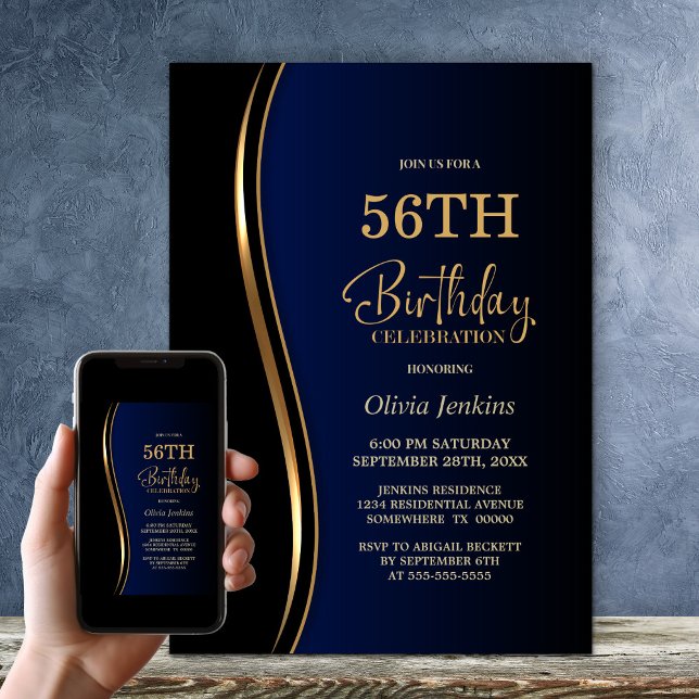 Invitation Black Gold Blue fête d'anniversaire (Créateur téléchargé)