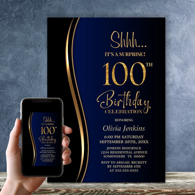 Invitation Black Gold Blue Surprise 100e anniversaire (Créateur téléchargé)