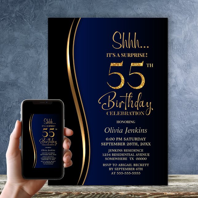 Invitation Black Gold Blue Surprise 55e anniversaire (Créateur téléchargé)