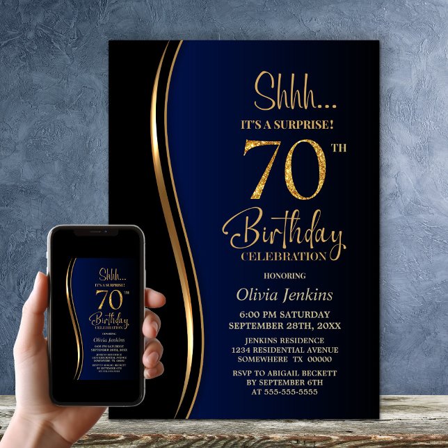 Invitation Black Gold Blue Surprise 70e anniversaire (Créateur téléchargé)