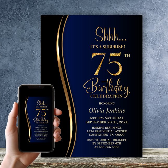 Invitation Black Gold Blue Surprise 75e anniversaire (Créateur téléchargé)