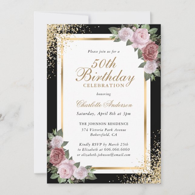 Invitation Black Gold Blush rose Floral 50e anniversaire (Devant)