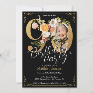 Invitation Black Gold Boho Photo personnalisée Floral 90e ann