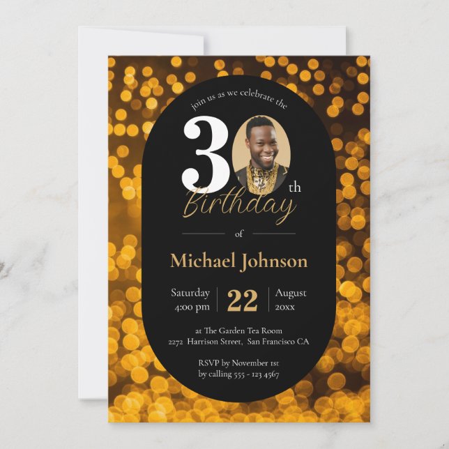 Invitation Black Gold Bokeh Photo 30th Birthday (Devant)