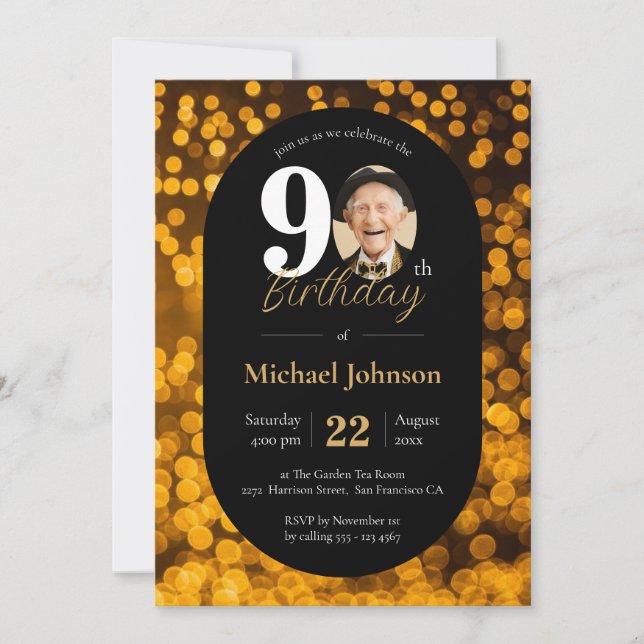 Invitation Black Gold Bokeh Photo 90th Birthday (Devant)