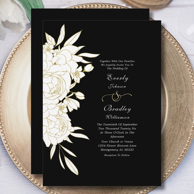 Invitation Black Gold Bold Floral Elegant intemporel Mariage (Créateur téléchargé)