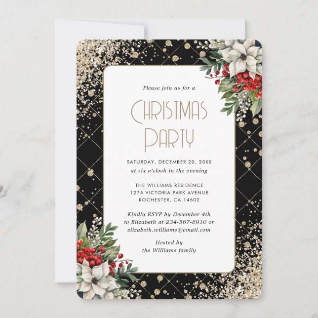 Invitation Black Gold Botanical Christmas Party (Devant)