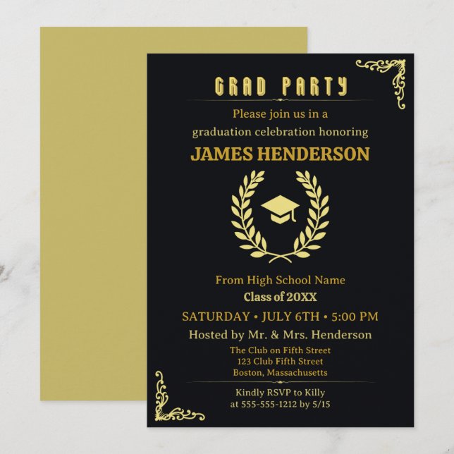 Invitation Black Gold Calligraphy Graduation Party 2025 (Devant / Derrière)