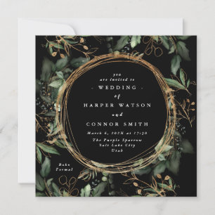 Invitation Black Gold Cercle Frame Boho Botanical Eucalyptus