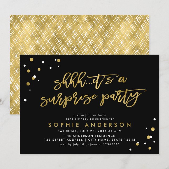 Invitation Black Gold C'est un anniversaire de fête surprise (Devant / Derrière)