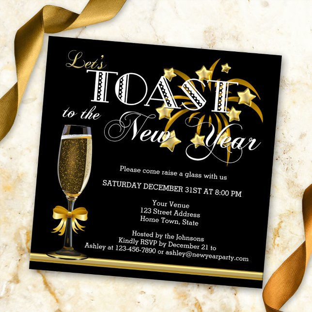 Invitation Black Gold Champagne Nouvel An Réveillon Invitatio (New Year's Eve party invitation in stylish black with gold champagne and fireworks)