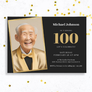 Invitation Black Gold Classy Photo personnalisée 100e anniver