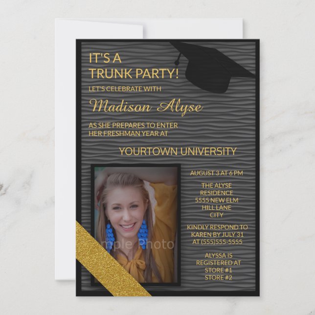 Invitation Black Gold College Trunk Party Dorm Shower Invitat (Devant)
