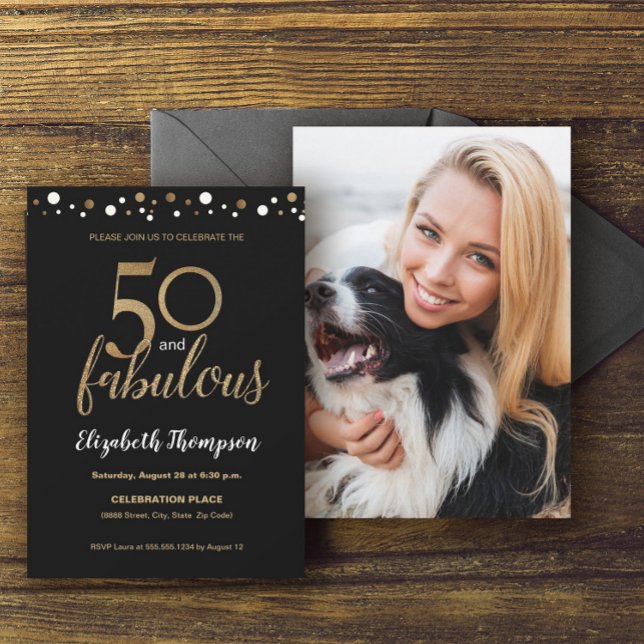 Invitation Black Gold Confetti 50 et fabuleux anniversaire ph (Customizable 50 and fabulous gold confetti elegant script photo invitation.)