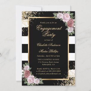 Invitation Black Gold Confetti Blush Floral Engagement Party