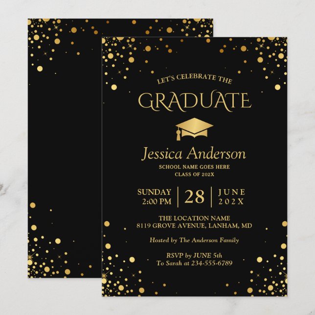 Invitation Black Gold Confetti Dots Graduate Graduate Party (Devant / Derrière)