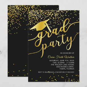 Invitation Black Gold Confetti Graduation Party