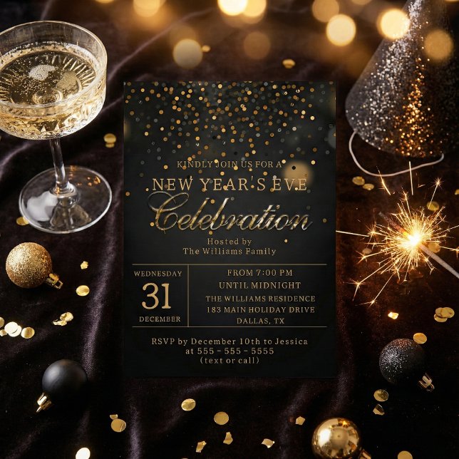 Invitation Black & Gold Confetti New Year's Eve Party (Créateur téléchargé)