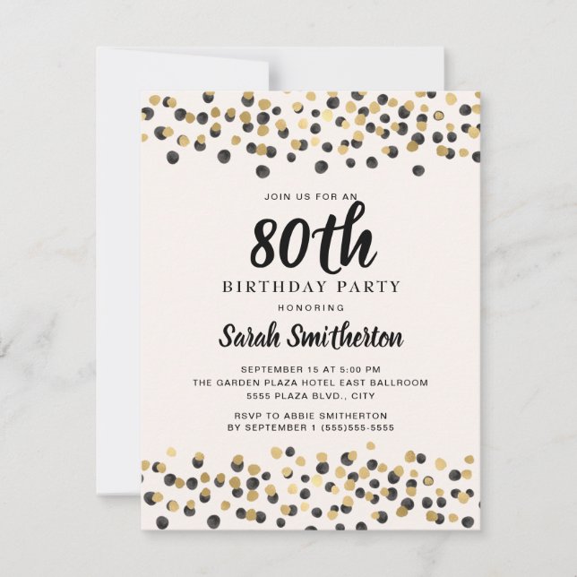 Invitation Black Gold Confetti Parties scintillant 80e annive (Devant)