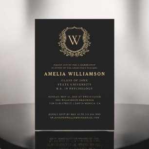 Invitation Black Gold Crest Monogramme Partie de graduation