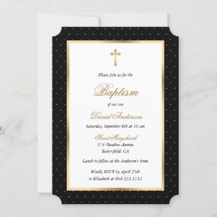 Invitation Black Gold Cross Pois Élégant Script Baptême