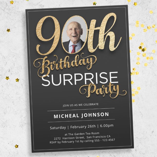 Invitation Black Gold Custom Photo Surprise 90e anniversaire (Mockup View)