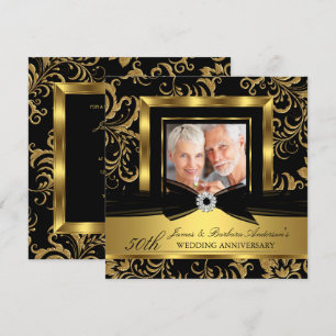 Invitation Black Gold Damask Photo 50th Mariage Anniversary