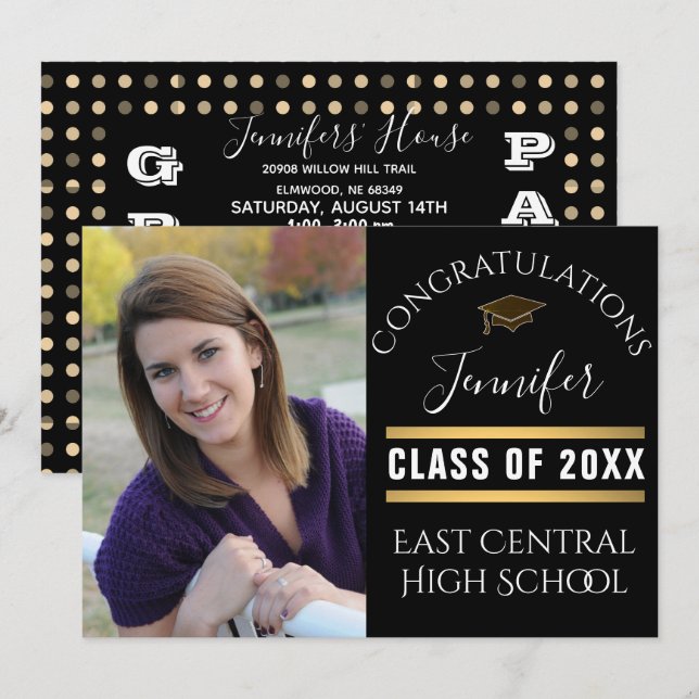 Invitation Black Gold Dot Senior Photo Lycée Graduation (Devant / Derrière)