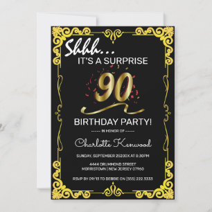 Invitation Black & Gold élégant 90e fête d'anniversaire surpr