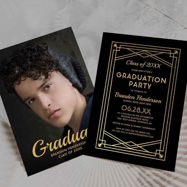 Invitation Black Gold Elegant Photo Graduation Party (Créateur téléchargé)