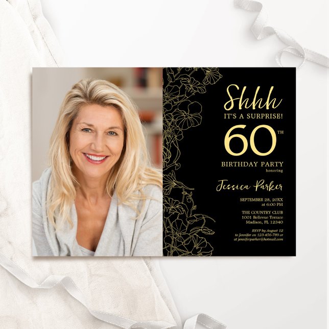 Invitation Black Gold Elegant Surprise Photo 60e anniversaire (Créateur téléchargé)