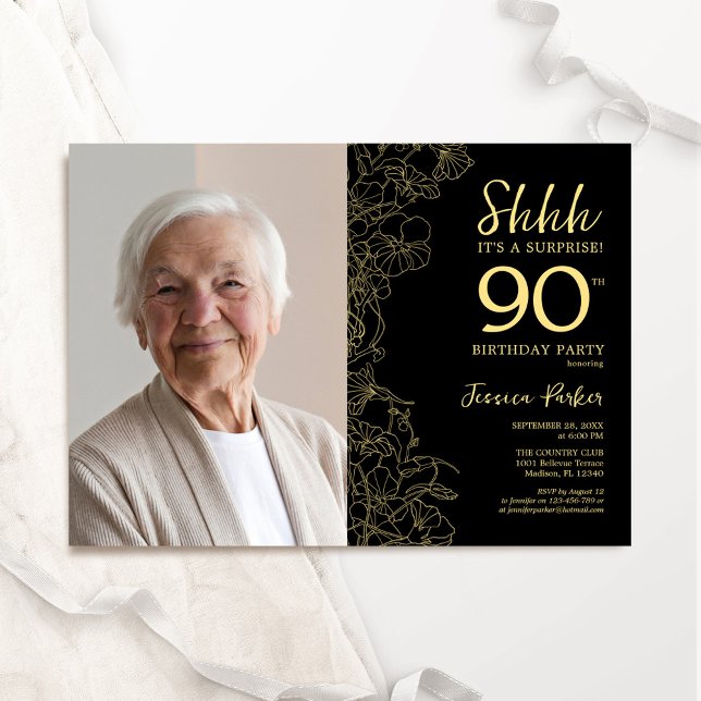 Invitation Black Gold Elegant Surprise Photo 90e anniversaire (Créateur téléchargé)