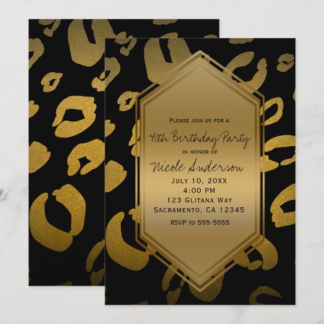 Invitation Black Gold Empreinte de léopard Anniversaire Fête  (Devant / Derrière)