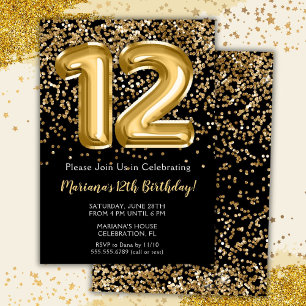 Invitation Black Gold Enfants fille 12e anniversaire de fête 