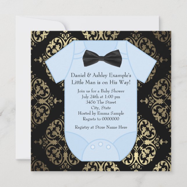 Invitation Black Gold et Blue Damask Baby Boy Douche (Devant)