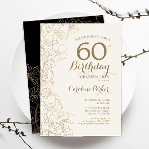 Invitation Black Gold Floral 60e fête d'anniversaire