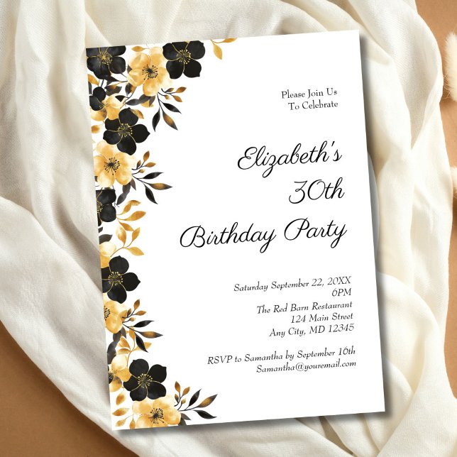 Invitation Black Gold Floral Aquarelle 30e fête d'anniversair (Black Gold Floral Watercolor 30th Birthday party invitation)