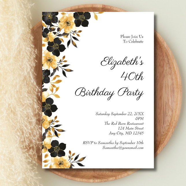 Invitation Black Gold Floral Aquarelle 40e fête d'anniversair (Black Gold watercolor florals 40th Birthday party invitation for her)