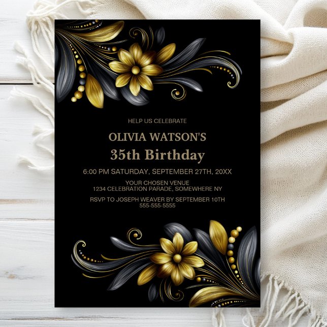 Invitation Black Gold Floral Birthday Party (Créateur téléchargé)