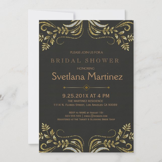 Invitation Black & Gold Floral Lace 2 Fête des mariées Invita (Devant)