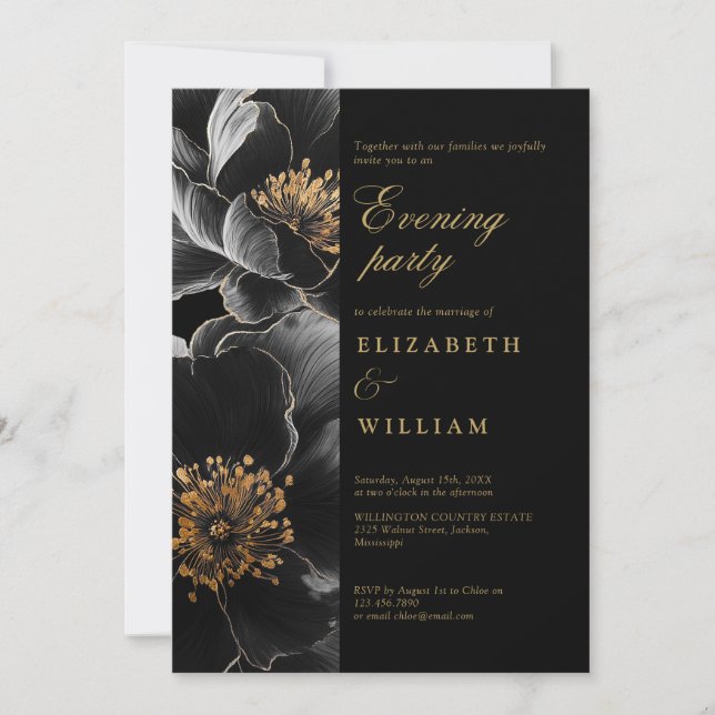 Invitation Black Gold Floral Mariage soirée (Devant)