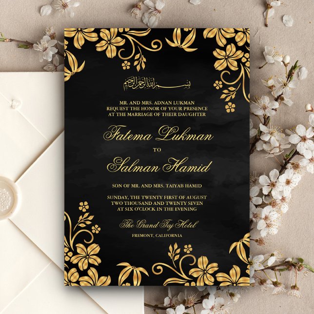Invitation Black Gold Floral musulman Mariage musulman (Créateur téléchargé)