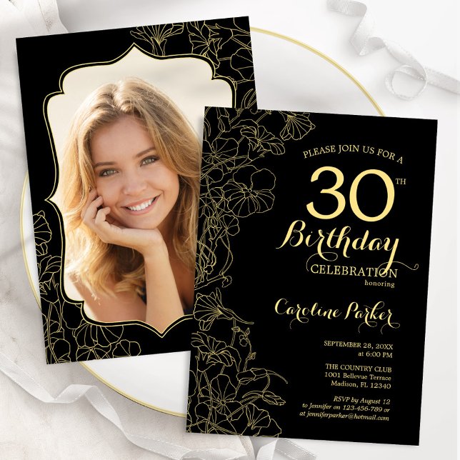 Invitation Black Gold Floral Photo 30th Birthday Party (Créateur téléchargé)