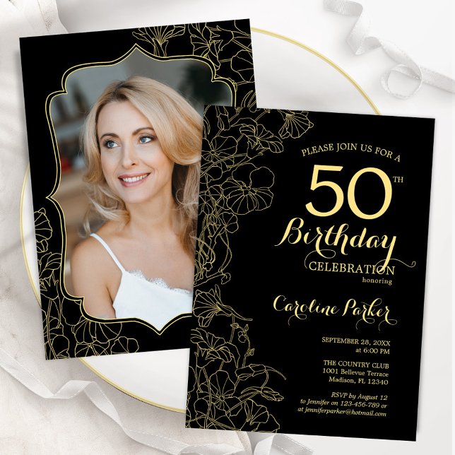 Invitation Black Gold Floral Photo 50th Birthday Party (Créateur téléchargé)