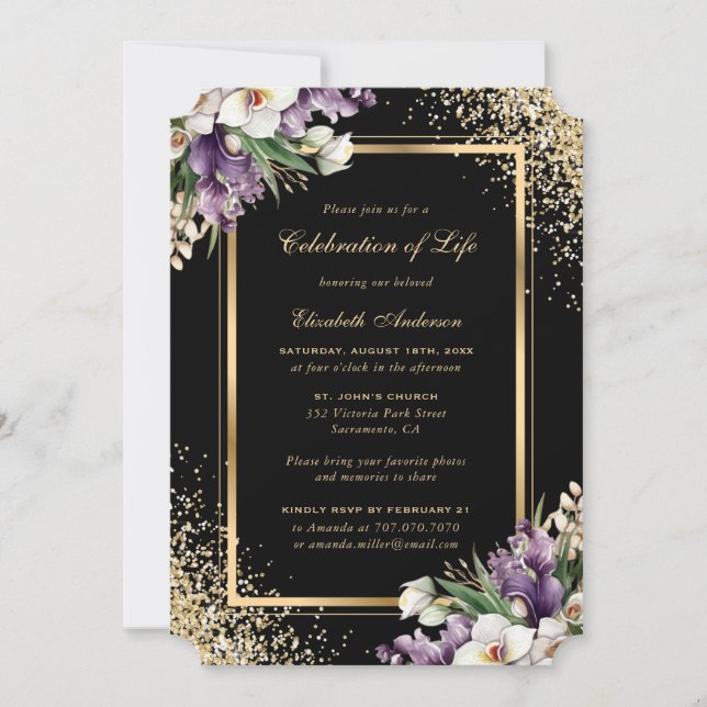 Invitation Black Gold Floral Photo Célébration de la vie (Devant)