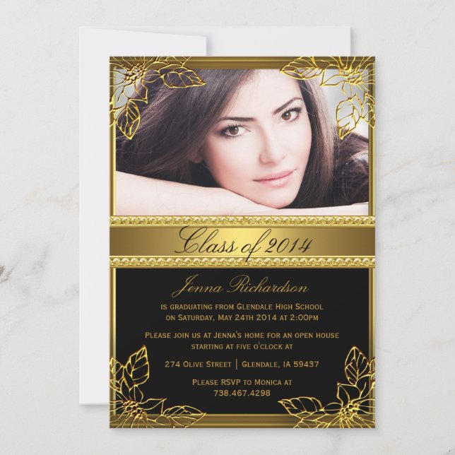 Invitation Black & Gold Floral Photo Graduation Party Invitat (Devant)